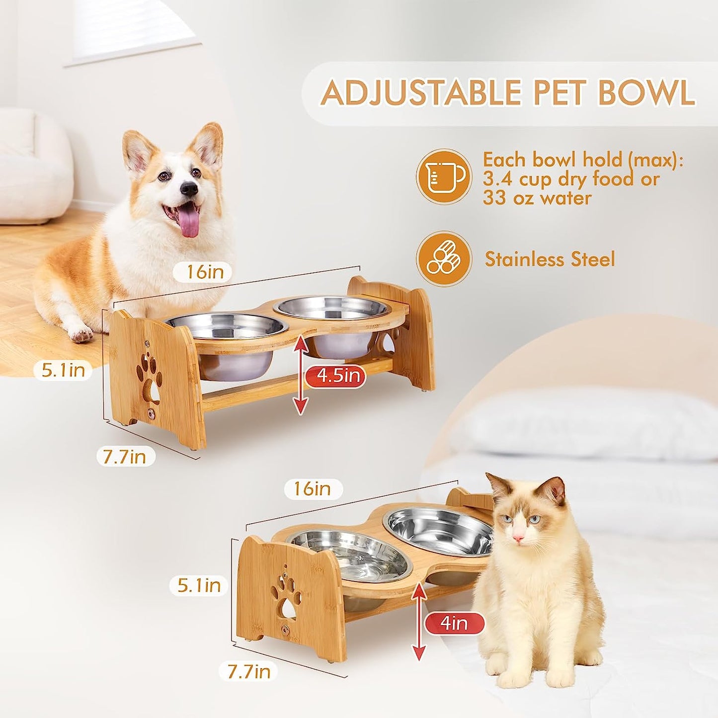 Elevated Dog Bowls for Cats and Dogs (Height 4" to 4.5")